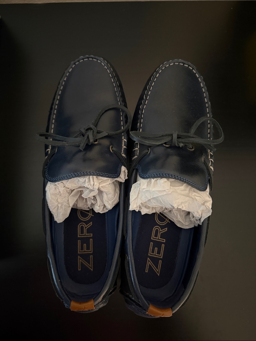 Cole Haan Navy Leather Men’s Boat Shoes with Contrast Stitching